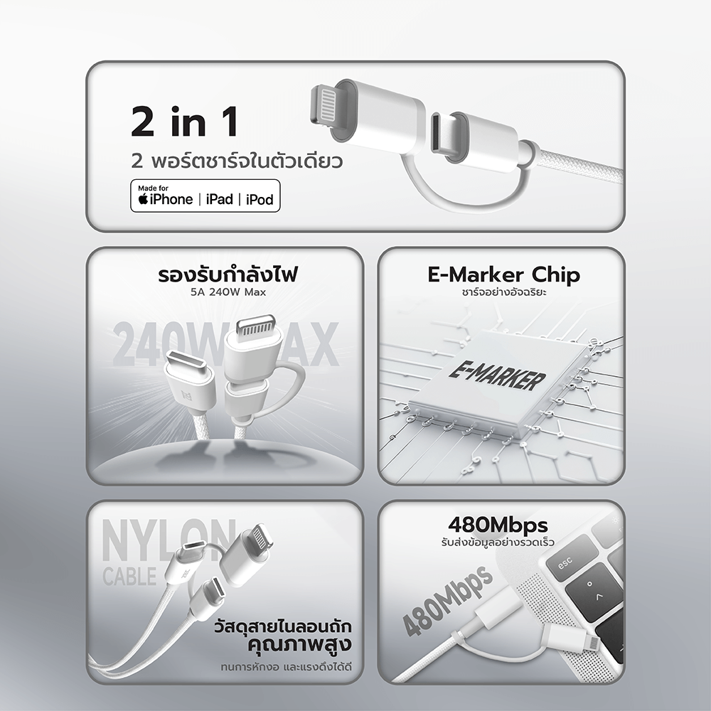 สายชาร์จไนลอนถัก  ZTEC ZM211 2 IN 1 สีขาว MFI 5A 240W USB-C TO USB-C & LIGHTNING